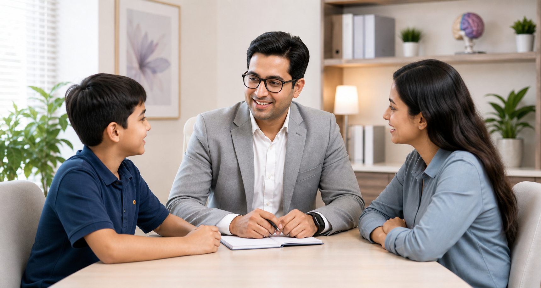 Doctor helping child and family